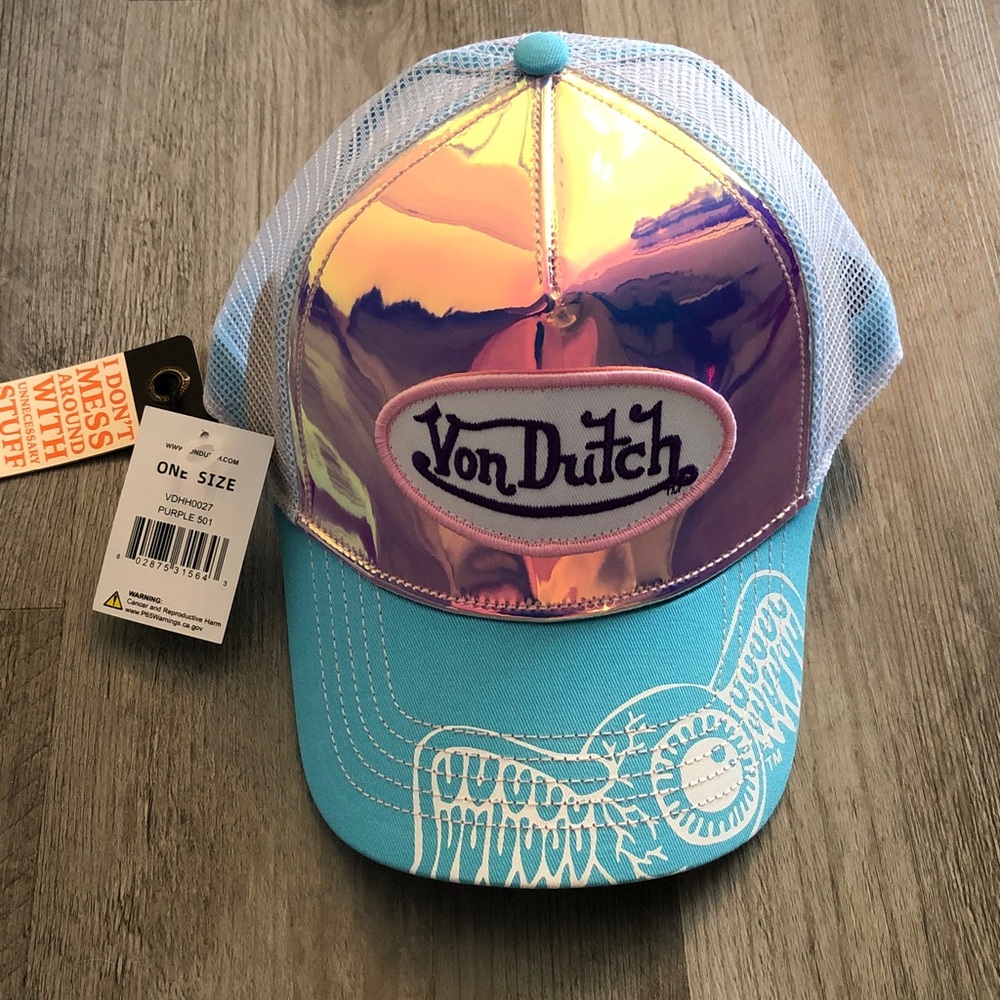 Von Dutch Purple Holographic Trucker Hat Logo Patch & Turquoise Bill OS NWT - Picture 16 of 16